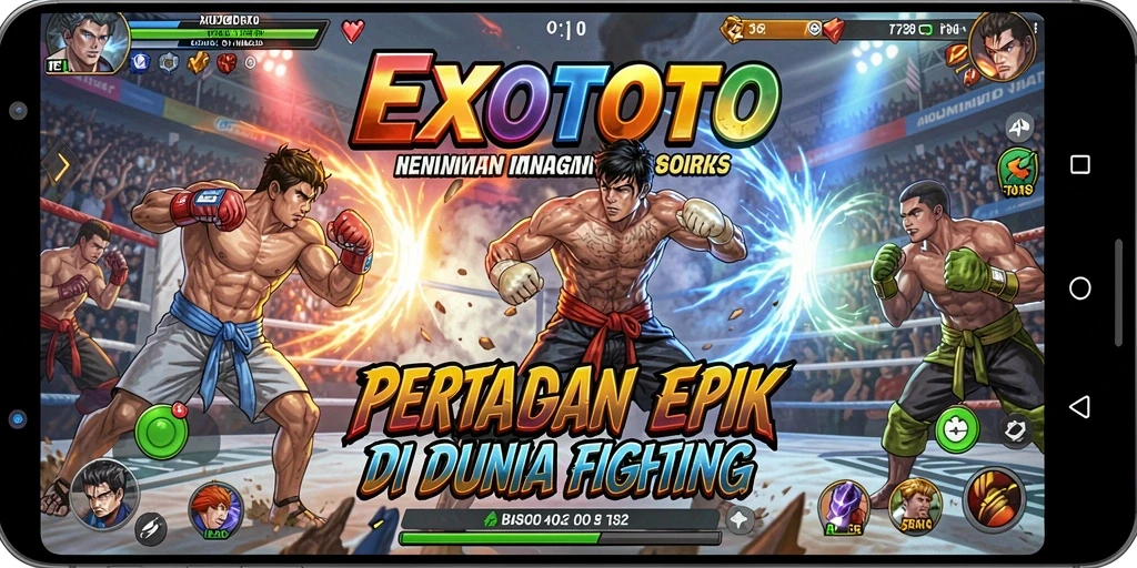 Tangkapan layar utama EXOTOTO menampilkan pertarungan seru antara dua karakter kuat.