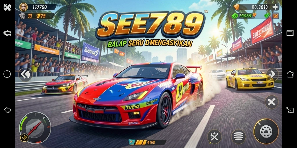 Screenshot gameplay SEE789 menampilkan balapan di lintasan kota yang ramai.
