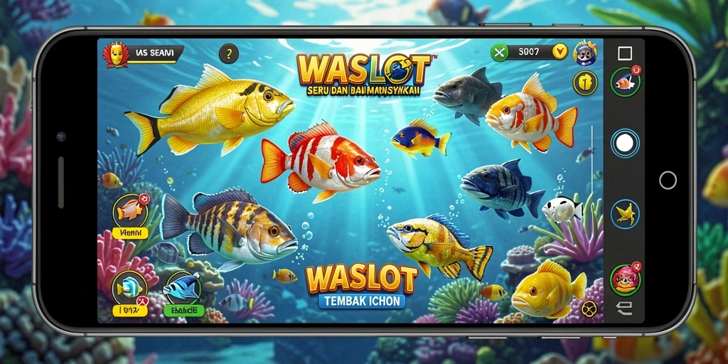 Screenshot gameplay WASLOT dengan banyak ikan dan aksi menembak.